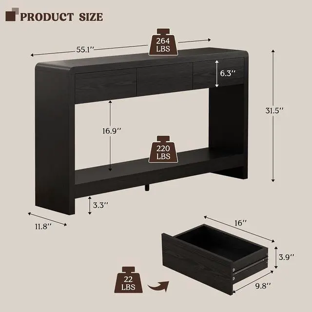 Alt view image 3 of 7 - 55 Inch Entryway Table with 3 Drawers, Waterfall Console Table | 55.1"W slim 11.8"D statement console with 3 wood drawers, open shelf and 265 lb top capacity for large hallway or living room