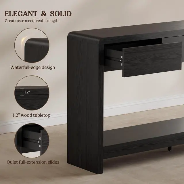 Alt view image 5 of 7 - 55 Inch Entryway Table with 3 Drawers, Waterfall Console Table | 55.1"W slim 11.8"D statement console with 3 wood drawers, open shelf and 265 lb top capacity for large hallway or living room