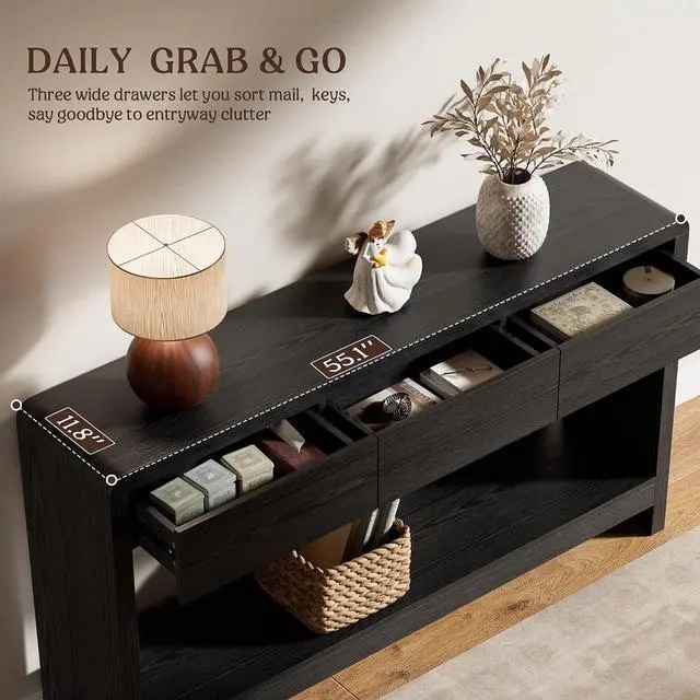 Alt view image 4 of 7 - 55 Inch Entryway Table with 3 Drawers, Waterfall Console Table | 55.1"W slim 11.8"D statement console with 3 wood drawers, open shelf and 265 lb top capacity for large hallway or living room