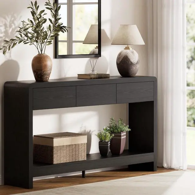 Alt view image 7 of 7 - 55 Inch Entryway Table with 3 Drawers, Waterfall Console Table | 55.1"W slim 11.8"D statement console with 3 wood drawers, open shelf and 265 lb top capacity for large hallway or living room