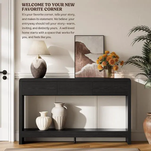 Alt view image 6 of 7 - 55 Inch Entryway Table with 3 Drawers, Waterfall Console Table | 55.1"W slim 11.8"D statement console with 3 wood drawers, open shelf and 265 lb top capacity for large hallway or living room