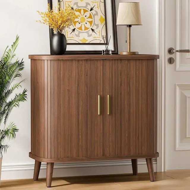 Main image of Walnut Buffet Cabinet, Sideboard Buffet Storage Cabinet with Rolling & Sliding Doors, Modern Bar Cabinet for Kitchen & Dining Room