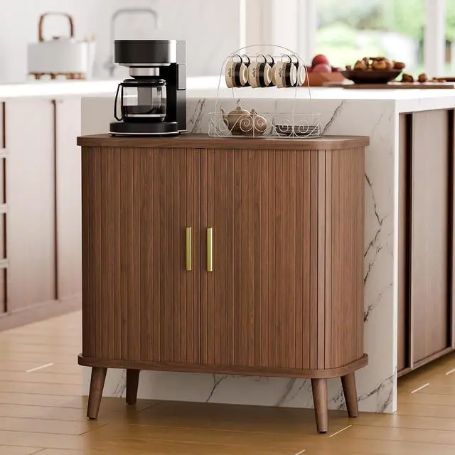 Alt view image 3 of 7 - Walnut Buffet Cabinet, Sideboard Buffet Storage Cabinet with Rolling & Sliding Doors, Modern Bar Cabinet for Kitchen & Dining Room
