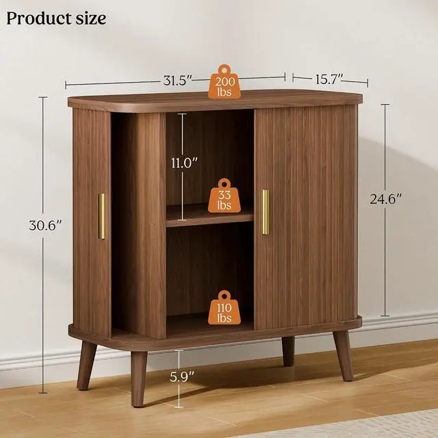 Alt view image 2 of 7 - Walnut Buffet Cabinet, Sideboard Buffet Storage Cabinet with Rolling & Sliding Doors, Modern Bar Cabinet for Kitchen & Dining Room