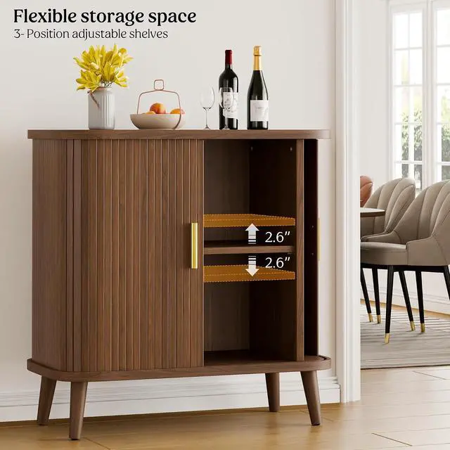 Alt view image 5 of 7 - Walnut Buffet Cabinet, Sideboard Buffet Storage Cabinet with Rolling & Sliding Doors, Modern Bar Cabinet for Kitchen & Dining Room