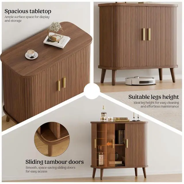 Alt view image 4 of 7 - Walnut Buffet Cabinet, Sideboard Buffet Storage Cabinet with Rolling & Sliding Doors, Modern Bar Cabinet for Kitchen & Dining Room
