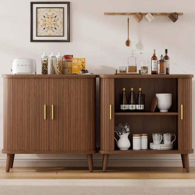Alt view image 6 of 7 - Walnut Buffet Cabinet, Sideboard Buffet Storage Cabinet with Rolling & Sliding Doors, Modern Bar Cabinet for Kitchen & Dining Room