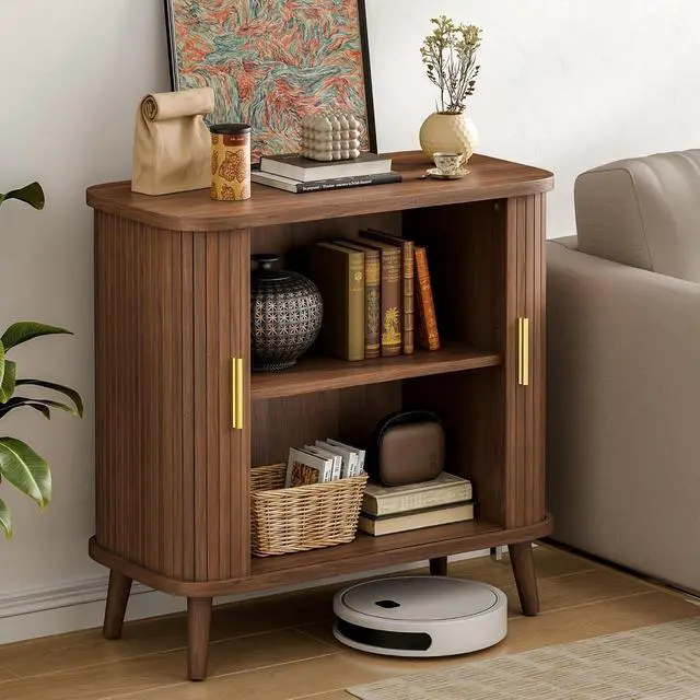 Alt view image 7 of 7 - Walnut Buffet Cabinet, Sideboard Buffet Storage Cabinet with Rolling & Sliding Doors, Modern Bar Cabinet for Kitchen & Dining Room
