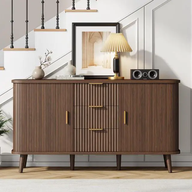 Main image of Walnut Buffet Cabinet, 55" Wide Sideboard Buffet Storage Cabinet with Rolling & Sliding Doors, Modern Bar Cabinet for Kitchen & Dining Room