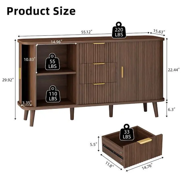Alt view image 2 of 7 - Walnut Buffet Cabinet, 55" Wide Sideboard Buffet Storage Cabinet with Rolling & Sliding Doors, Modern Bar Cabinet for Kitchen & Dining Room