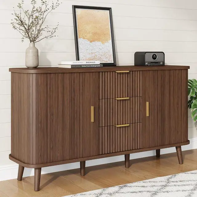 Alt view image 3 of 7 - Walnut Buffet Cabinet, 55" Wide Sideboard Buffet Storage Cabinet with Rolling & Sliding Doors, Modern Bar Cabinet for Kitchen & Dining Room