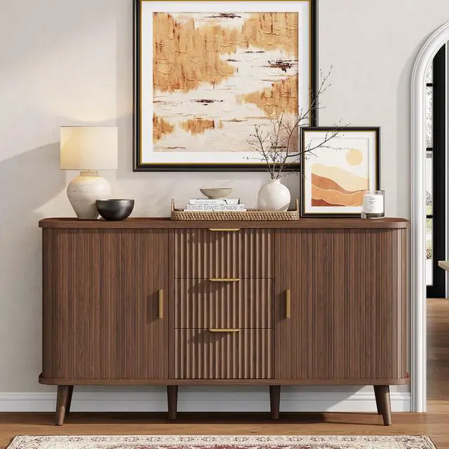 Alt view image 4 of 7 - Walnut Buffet Cabinet, 55" Wide Sideboard Buffet Storage Cabinet with Rolling & Sliding Doors, Modern Bar Cabinet for Kitchen & Dining Room