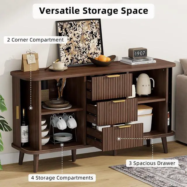 Alt view image 5 of 7 - Walnut Buffet Cabinet, 55" Wide Sideboard Buffet Storage Cabinet with Rolling & Sliding Doors, Modern Bar Cabinet for Kitchen & Dining Room