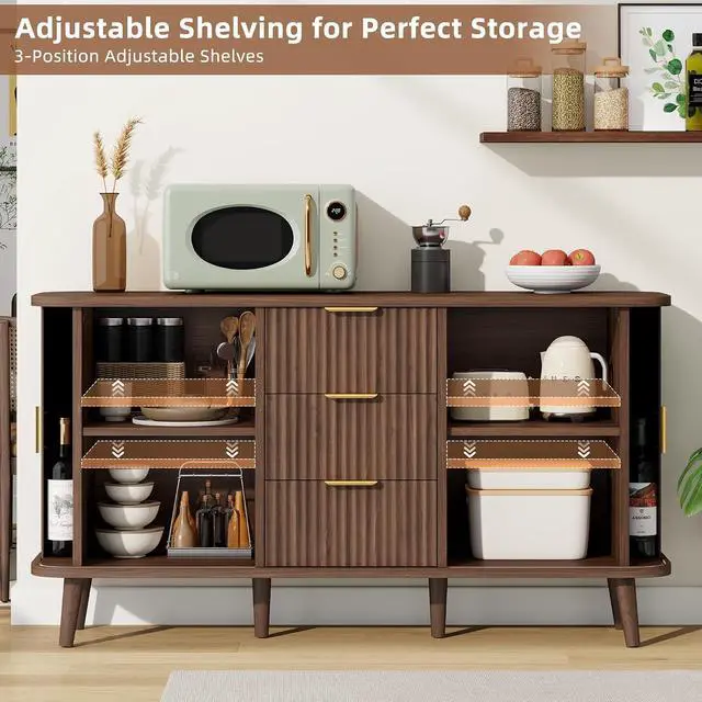 Alt view image 6 of 7 - Walnut Buffet Cabinet, 55" Wide Sideboard Buffet Storage Cabinet with Rolling & Sliding Doors, Modern Bar Cabinet for Kitchen & Dining Room