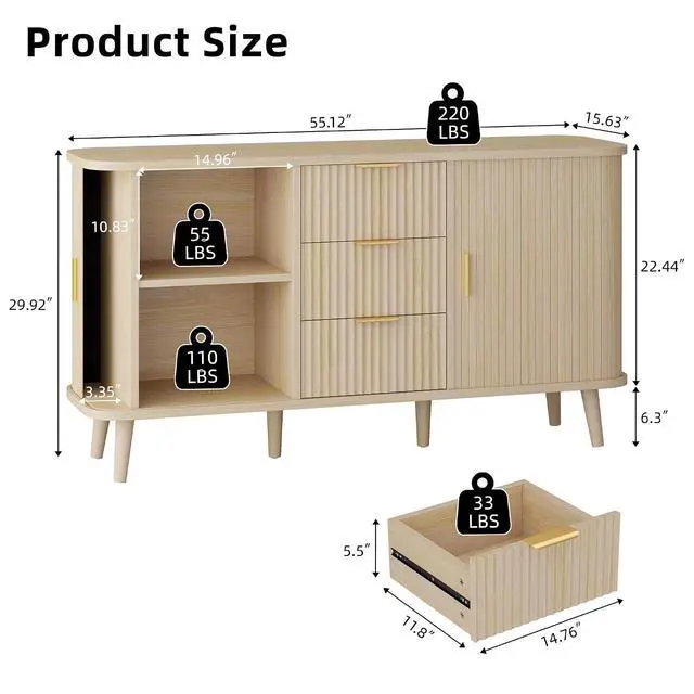 Alt view image 2 of 7 - Natrual Buffet Cabinet, 55" Wide Sideboard Buffet Storage Cabinet with Rolling & Sliding Doors, Modern Bar Cabinet for Kitchen & Dining Room
