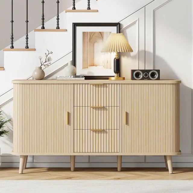 Main image of Natrual Buffet Cabinet, 55" Wide Sideboard Buffet Storage Cabinet with Rolling & Sliding Doors, Modern Bar Cabinet for Kitchen & Dining Room