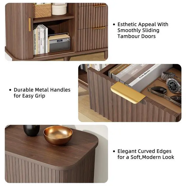 Alt view image 7 of 7 - Walnut Buffet Cabinet, 55" Wide Sideboard Buffet Storage Cabinet with Rolling & Sliding Doors, Modern Bar Cabinet for Kitchen & Dining Room