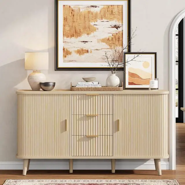 Alt view image 4 of 7 - Natrual Buffet Cabinet, 55" Wide Sideboard Buffet Storage Cabinet with Rolling & Sliding Doors, Modern Bar Cabinet for Kitchen & Dining Room