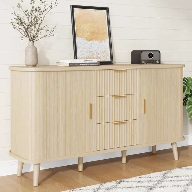 Alt view image 3 of 7 - Natrual Buffet Cabinet, 55" Wide Sideboard Buffet Storage Cabinet with Rolling & Sliding Doors, Modern Bar Cabinet for Kitchen & Dining Room