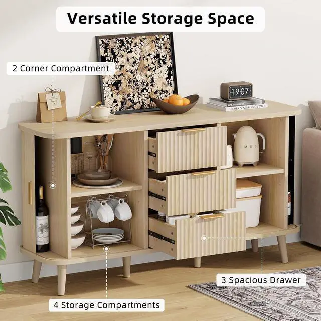 Alt view image 5 of 7 - Natrual Buffet Cabinet, 55" Wide Sideboard Buffet Storage Cabinet with Rolling & Sliding Doors, Modern Bar Cabinet for Kitchen & Dining Room