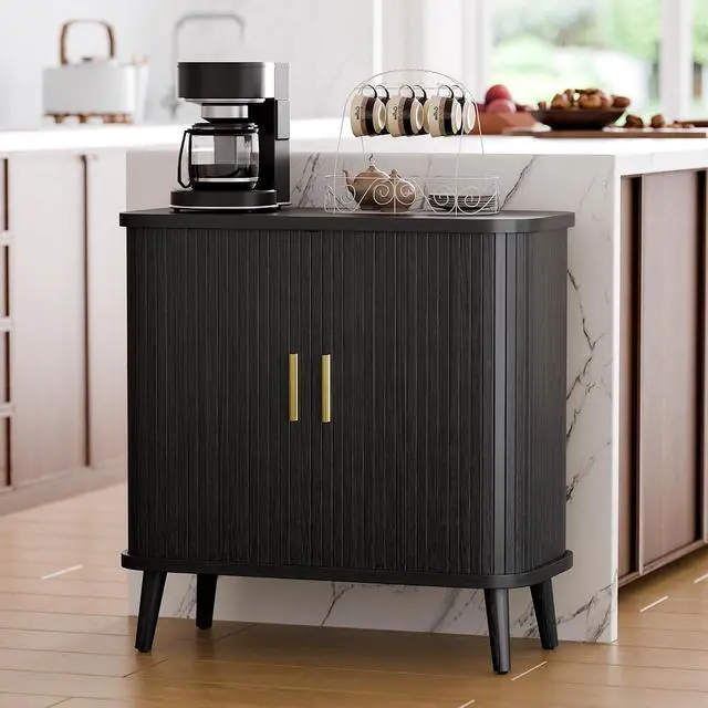 Alt view image 3 of 7 - Black Buffet Cabinet, Sideboard Buffet Storage Cabinet with Sliding Doors, Modern Bar Cabinet for Kitchen & Dining Room