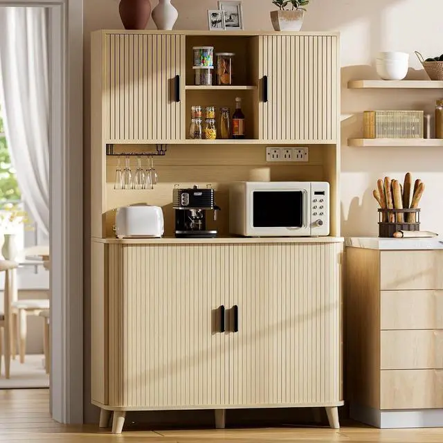 Main image of 71" Tall Pantry Cabinet with Rolling & Sliding Doors, 39" Wide Kitchen Storage Cabinet with Charging Station and Open Countertop, Modern Kitchen Pantry Cabinet for Dining Room, Natrual