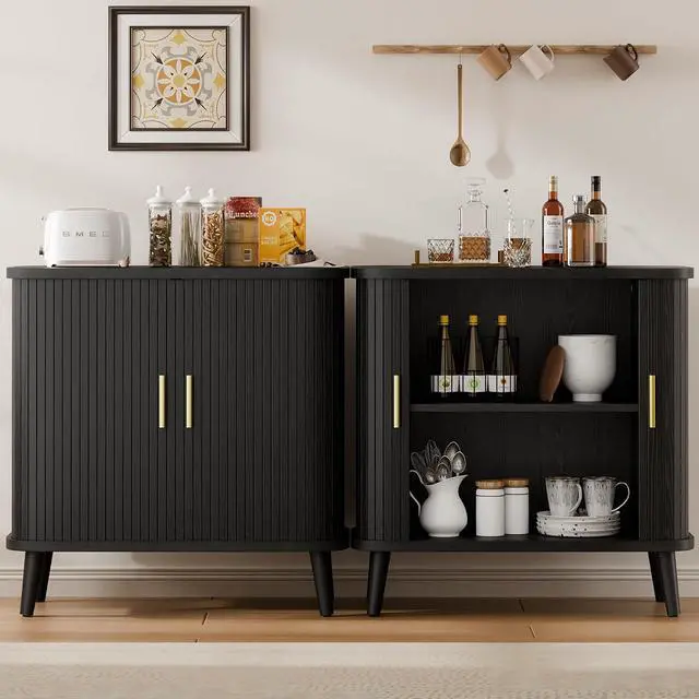 Alt view image 6 of 7 - Black Buffet Cabinet, Sideboard Buffet Storage Cabinet with Sliding Doors, Modern Bar Cabinet for Kitchen & Dining Room
