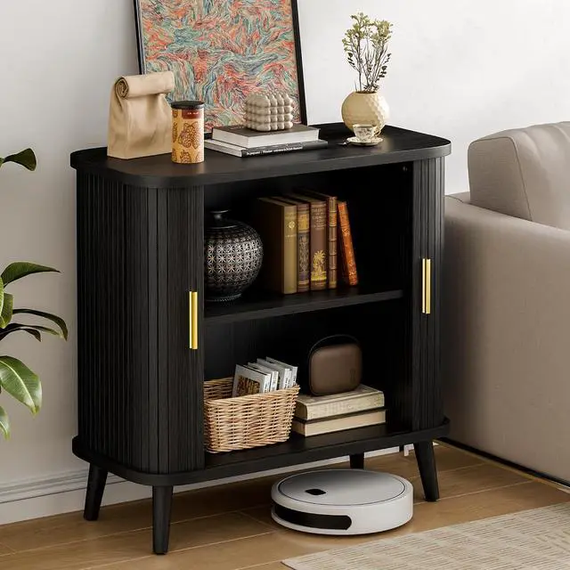 Alt view image 7 of 7 - Black Buffet Cabinet, Sideboard Buffet Storage Cabinet with Sliding Doors, Modern Bar Cabinet for Kitchen & Dining Room