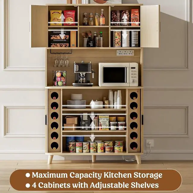 Alt view image 3 of 7 - 71" Tall Pantry Cabinet with Rolling & Sliding Doors, 39" Wide Kitchen Storage Cabinet with Charging Station and Open Countertop, Modern Kitchen Pantry Cabinet for Dining Room, Natrual