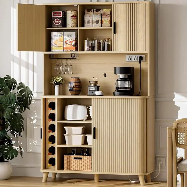 Alt view image 4 of 7 - 71" Tall Pantry Cabinet with Rolling & Sliding Doors, 39" Wide Kitchen Storage Cabinet with Charging Station and Open Countertop, Modern Kitchen Pantry Cabinet for Dining Room, Natrual