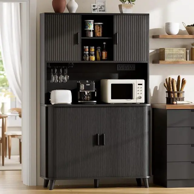 Main image of 71" Tall Pantry Cabinet with Rolling & Sliding Doors, 39" Wide Kitchen Storage Cabinet with Charging Station and Open Countertop, Modern Kitchen Pantry Cabinet for Dining Room, Black