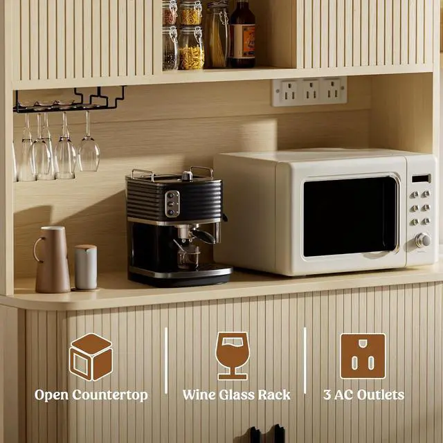 Alt view image 7 of 7 - 71" Tall Pantry Cabinet with Rolling & Sliding Doors, 39" Wide Kitchen Storage Cabinet with Charging Station and Open Countertop, Modern Kitchen Pantry Cabinet for Dining Room, Natrual