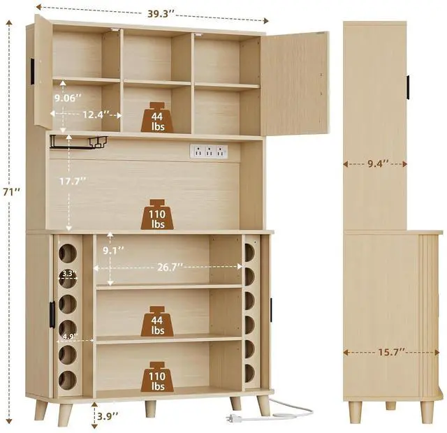 Alt view image 2 of 7 - 71" Tall Pantry Cabinet with Rolling & Sliding Doors, 39" Wide Kitchen Storage Cabinet with Charging Station and Open Countertop, Modern Kitchen Pantry Cabinet for Dining Room, Natrual