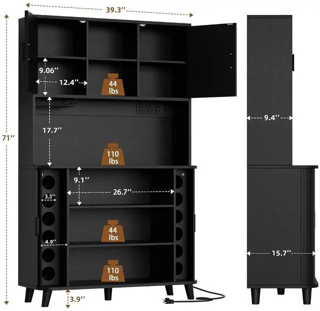 Alt view image 2 of 7 - 71" Tall Pantry Cabinet with Rolling & Sliding Doors, 39" Wide Kitchen Storage Cabinet with Charging Station and Open Countertop, Modern Kitchen Pantry Cabinet for Dining Room, Black