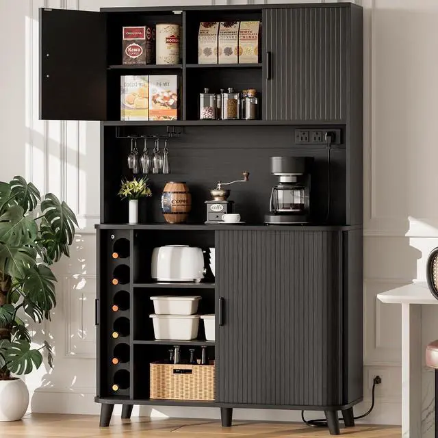 Alt view image 3 of 7 - 71" Tall Pantry Cabinet with Rolling & Sliding Doors, 39" Wide Kitchen Storage Cabinet with Charging Station and Open Countertop, Modern Kitchen Pantry Cabinet for Dining Room, Black