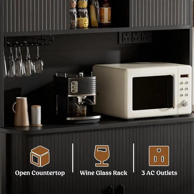 Alt view image 4 of 7 - 71" Tall Pantry Cabinet with Rolling & Sliding Doors, 39" Wide Kitchen Storage Cabinet with Charging Station and Open Countertop, Modern Kitchen Pantry Cabinet for Dining Room, Black