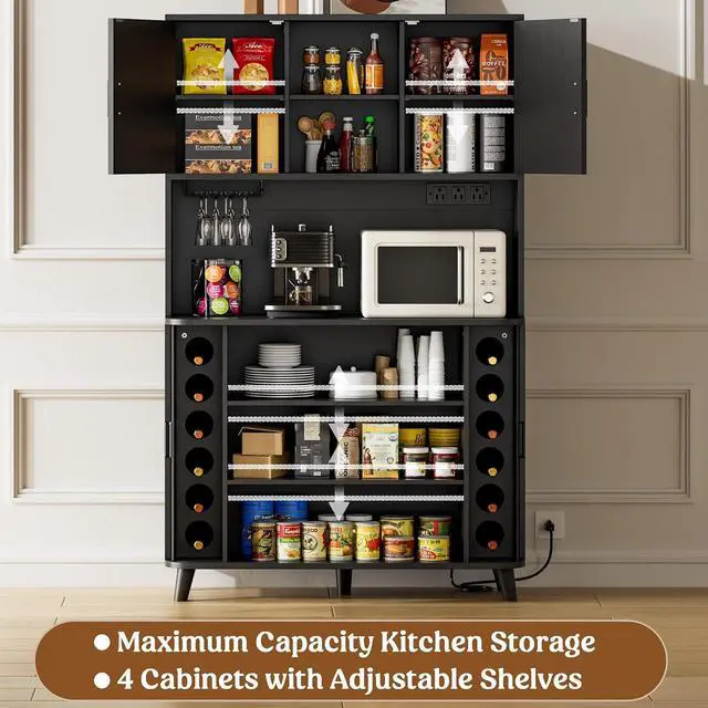 Alt view image 5 of 7 - 71" Tall Pantry Cabinet with Rolling & Sliding Doors, 39" Wide Kitchen Storage Cabinet with Charging Station and Open Countertop, Modern Kitchen Pantry Cabinet for Dining Room, Black