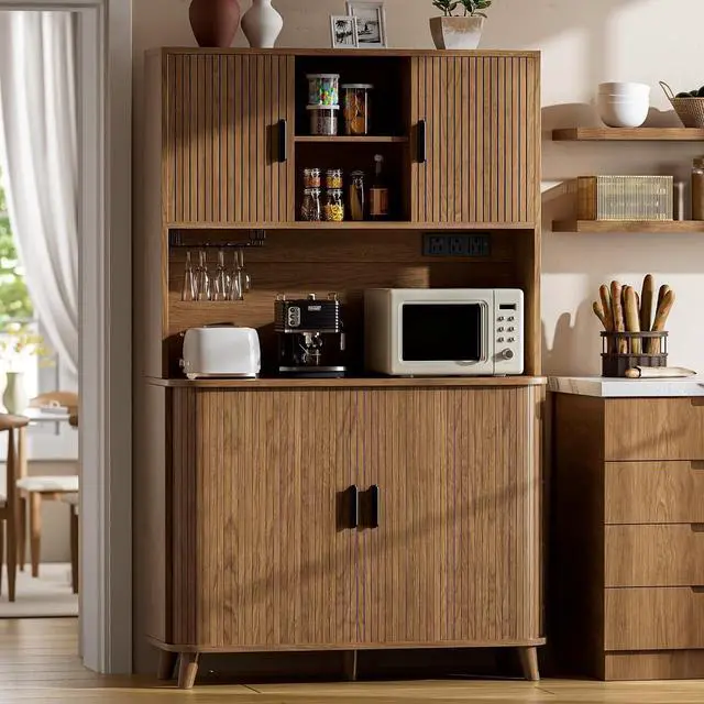 Main image of 71" Tall Pantry Cabinet with Rolling & Sliding Doors, 39" Wide Kitchen Storage Cabinet with Charging Station and Open Countertop, Modern Kitchen Pantry Cabinet for Dining Room, Walnut