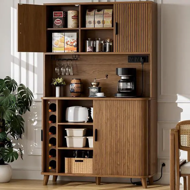 Alt view image 3 of 7 - 71" Tall Pantry Cabinet with Rolling & Sliding Doors, 39" Wide Kitchen Storage Cabinet with Charging Station and Open Countertop, Modern Kitchen Pantry Cabinet for Dining Room, Walnut