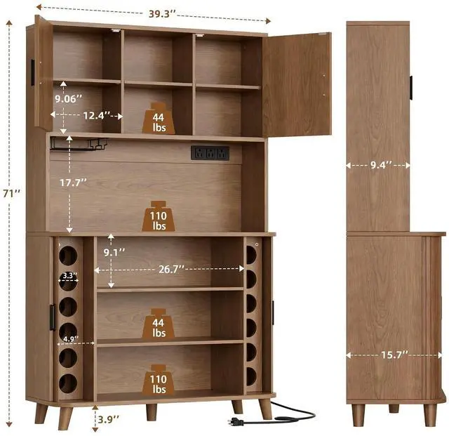 Alt view image 2 of 7 - 71" Tall Pantry Cabinet with Rolling & Sliding Doors, 39" Wide Kitchen Storage Cabinet with Charging Station and Open Countertop, Modern Kitchen Pantry Cabinet for Dining Room, Walnut