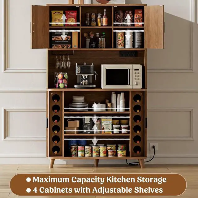 Alt view image 4 of 7 - 71" Tall Pantry Cabinet with Rolling & Sliding Doors, 39" Wide Kitchen Storage Cabinet with Charging Station and Open Countertop, Modern Kitchen Pantry Cabinet for Dining Room, Walnut