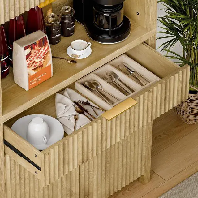 Alt view image 4 of 7 - 71" Fluted Pantry Cabinet with Charging Station, Natrual | Adjustable Shelves, Open Countertop, Drawer, Spacious Kitchen Storage