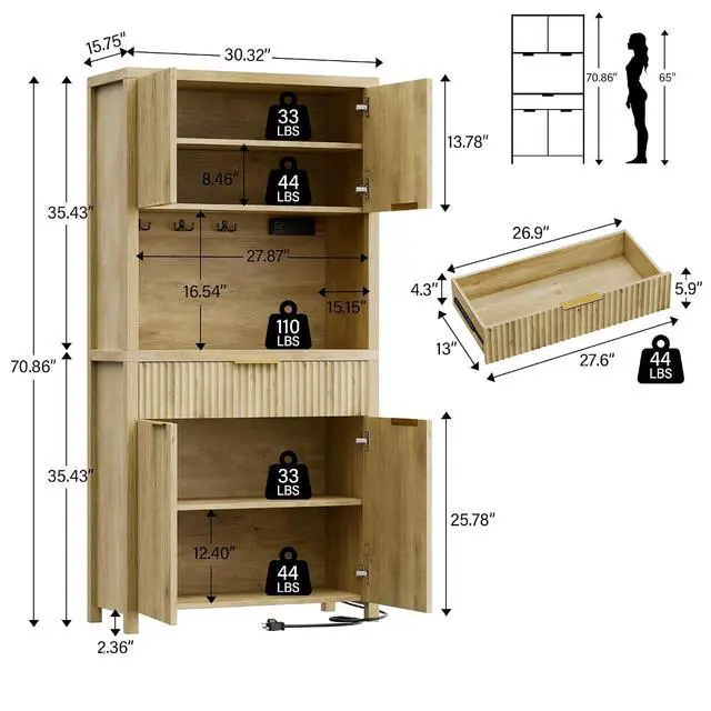 Alt view image 2 of 7 - 71" Fluted Pantry Cabinet with Charging Station, Natrual | Adjustable Shelves, Open Countertop, Drawer, Spacious Kitchen Storage