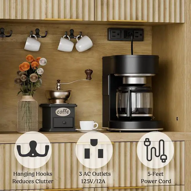Alt view image 3 of 7 - 71" Fluted Pantry Cabinet with Charging Station, Natrual | Adjustable Shelves, Open Countertop, Drawer, Spacious Kitchen Storage