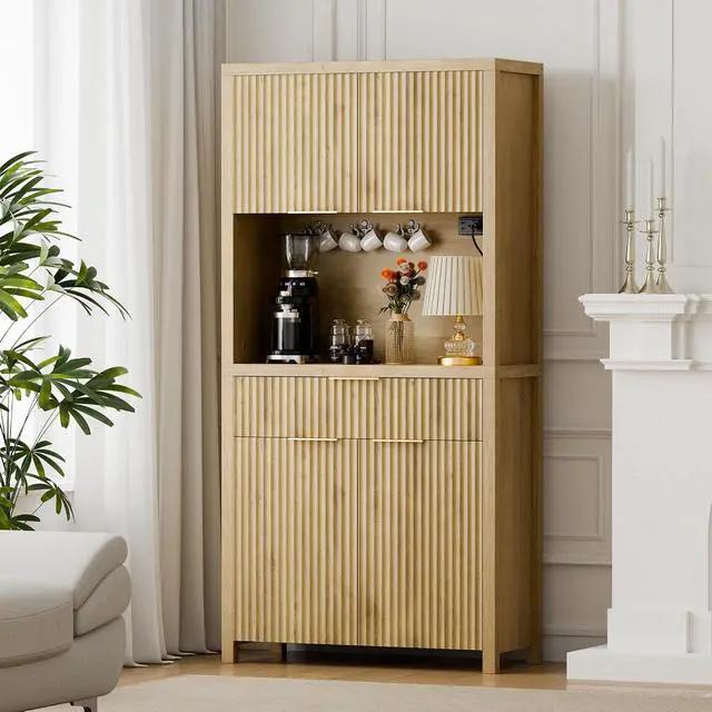 Alt view image 5 of 7 - 71" Fluted Pantry Cabinet with Charging Station, Natrual | Adjustable Shelves, Open Countertop, Drawer, Spacious Kitchen Storage