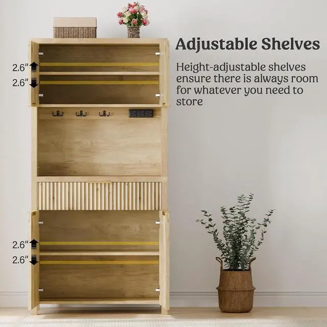 Alt view image 6 of 7 - 71" Fluted Pantry Cabinet with Charging Station, Natrual | Adjustable Shelves, Open Countertop, Drawer, Spacious Kitchen Storage