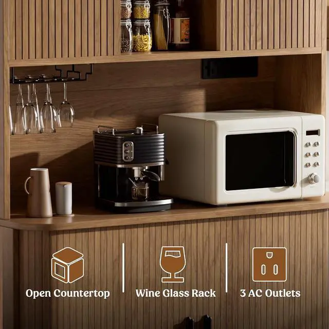 Alt view image 5 of 7 - 71" Tall Pantry Cabinet with Rolling & Sliding Doors, 39" Wide Kitchen Storage Cabinet with Charging Station and Open Countertop, Modern Kitchen Pantry Cabinet for Dining Room, Walnut