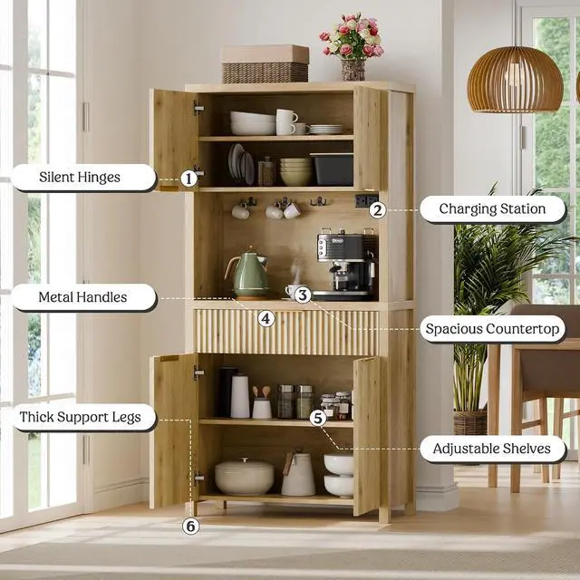Alt view image 7 of 7 - 71" Fluted Pantry Cabinet with Charging Station, Natrual | Adjustable Shelves, Open Countertop, Drawer, Spacious Kitchen Storage