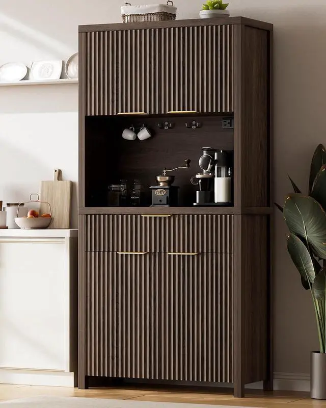 Main image of 71" Fluted Pantry Cabinet with Charging Station, Brown | Adjustable Shelves, Open Countertop, Drawer, Spacious Kitchen Storage