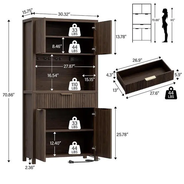 Alt view image 2 of 7 - 71" Fluted Pantry Cabinet with Charging Station, Brown | Adjustable Shelves, Open Countertop, Drawer, Spacious Kitchen Storage